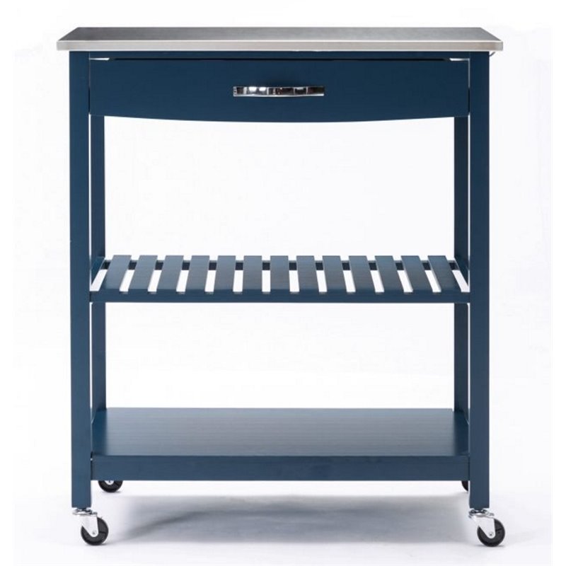 Pemberly Row Wood Kitchen Cart with Stainless Steel Top in Navy Blue