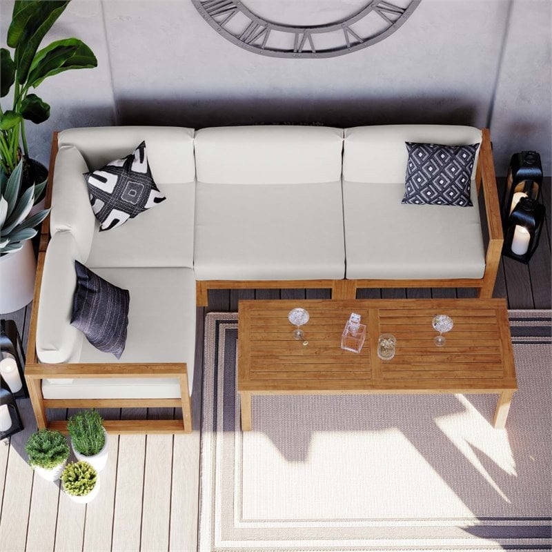 Pemberly Row 5-Piece Teak Wood Patio Sectional Sofa Set in Natural and White