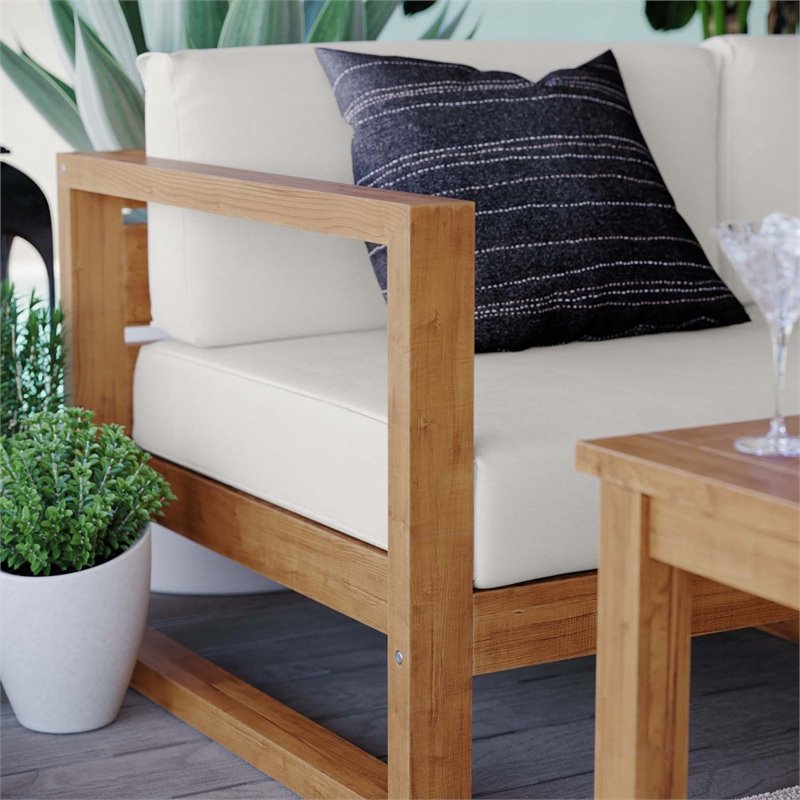 Pemberly Row 5-Piece Teak Wood Patio Sectional Sofa Set in Natural and White