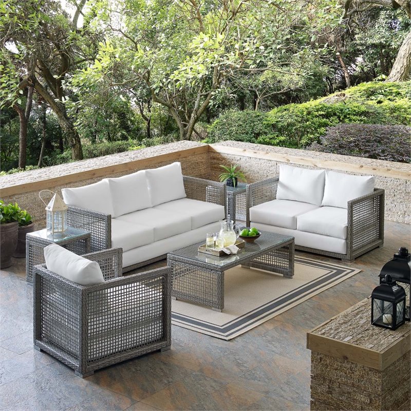 Pemberly Row 6-Piece Outdoor Patio Wicker Rattan Set in Gray/White