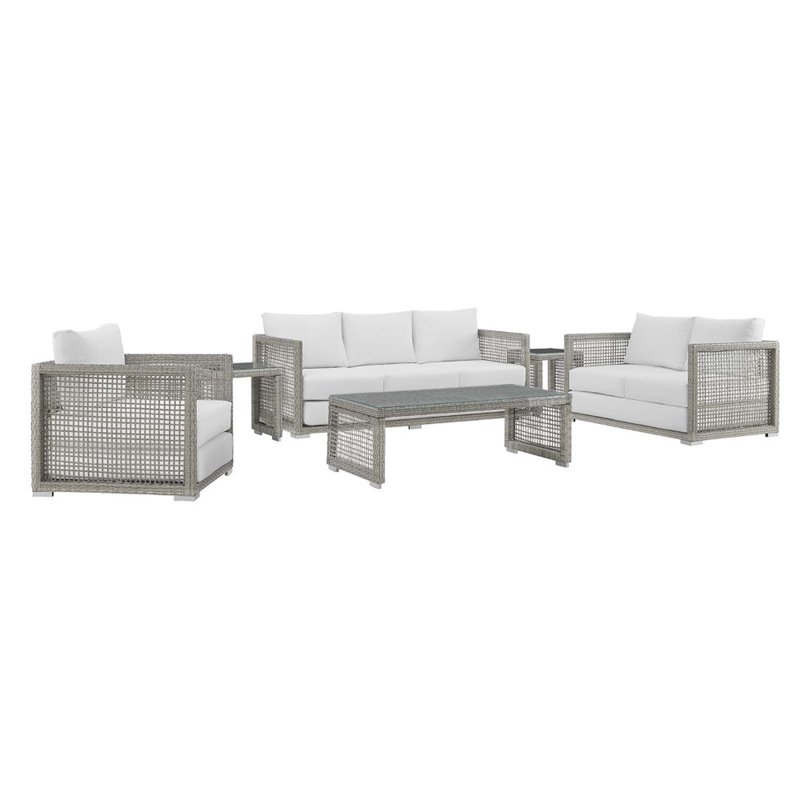 Pemberly Row 6-Piece Outdoor Patio Wicker Rattan Set in Gray/White