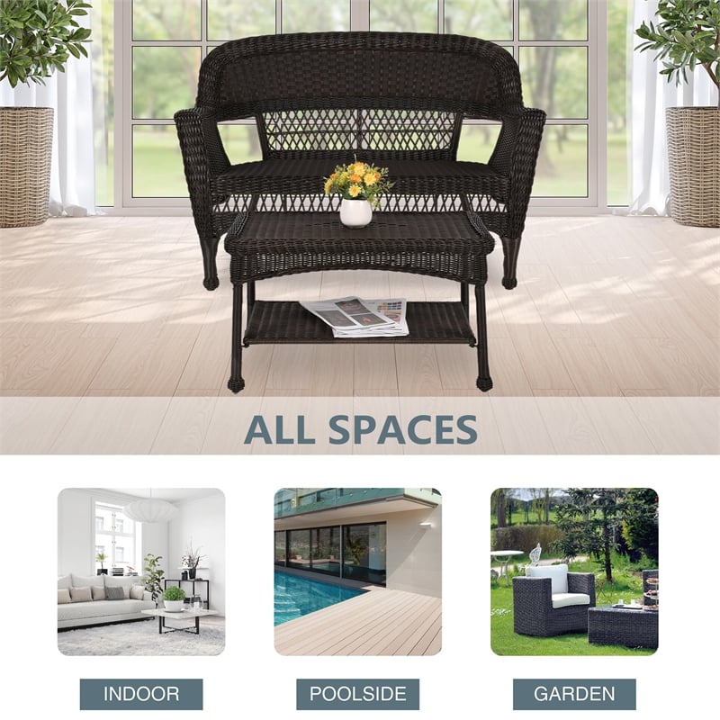 Pemberly Row Wicker Espresso Patio Love Seat & Coffee Table Set without Cushion