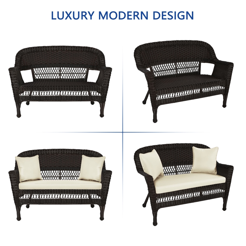 Pemberly Row Wicker Espresso Patio Love Seat & Coffee Table Set without Cushion