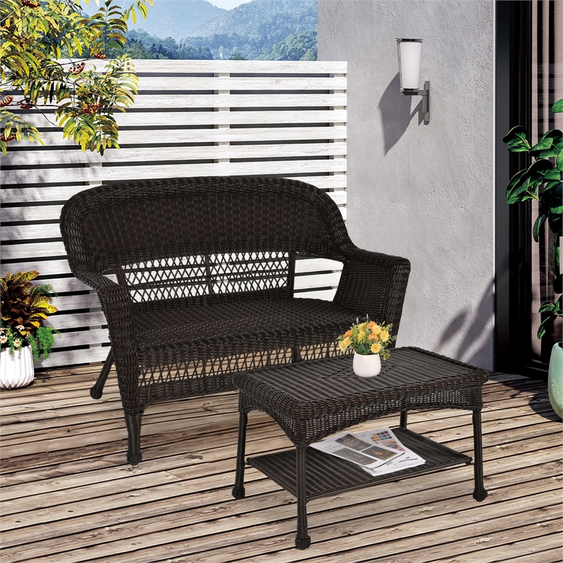 Pemberly Row Wicker Espresso Patio Love Seat & Coffee Table Set without Cushion