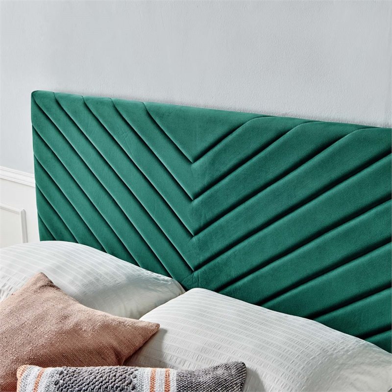 Pemberly Row Angular Channel Tufted Velvet Full/Queen Headboard in Teal Blue