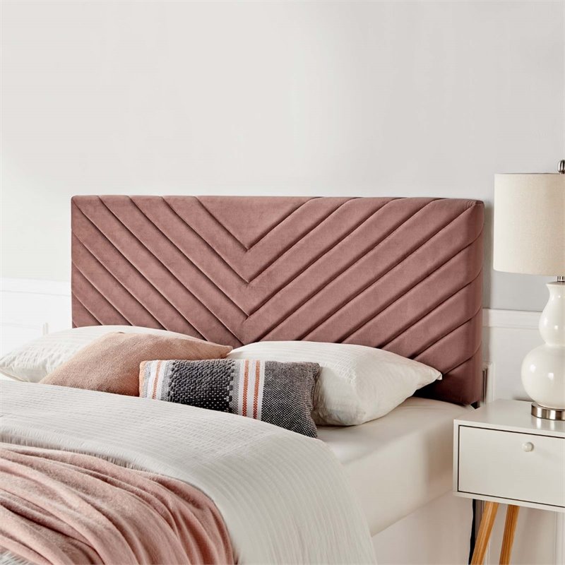 Pemberly Row Angular Channel Tufted Velvet Full/Queen Headboard in Dusty Rose