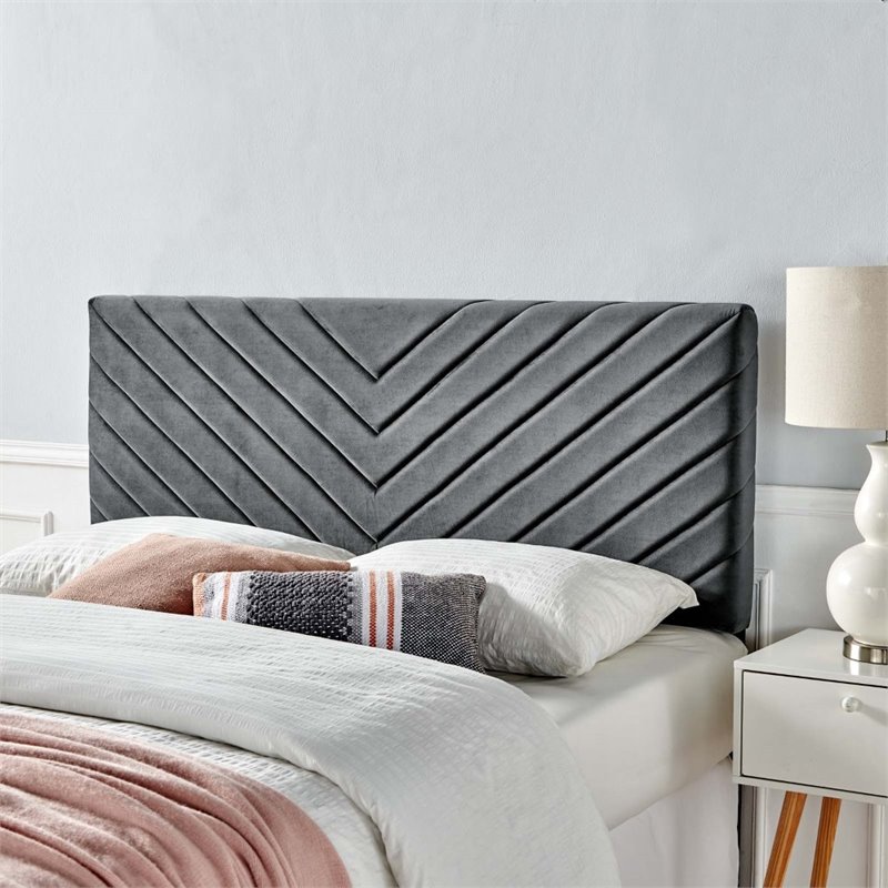 Pemberly Row Angular Velvet King/California King Headboard in Charcoal