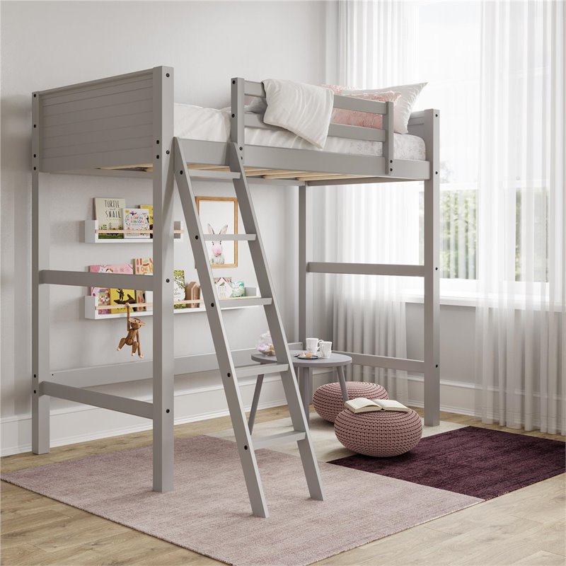 Pemberly Row Contemporary Kids Twin Wooden Loft Bed with Ladder in Gray