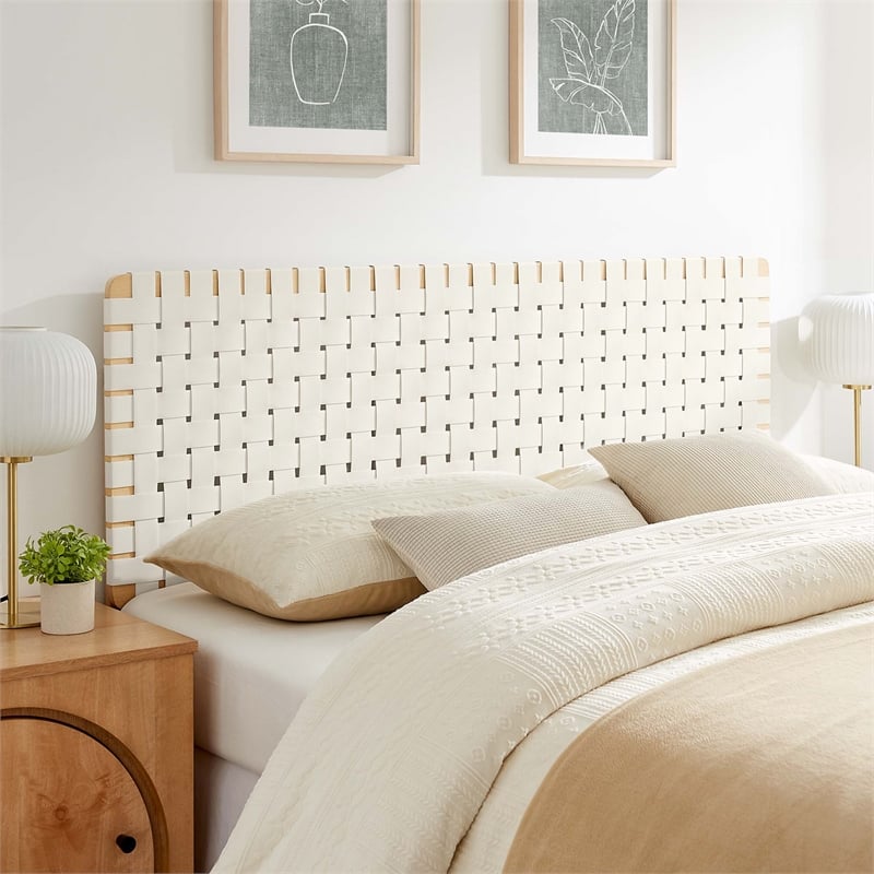 Pemberly Row Weave Vegan Leather Queen Headboard in Natural Beige