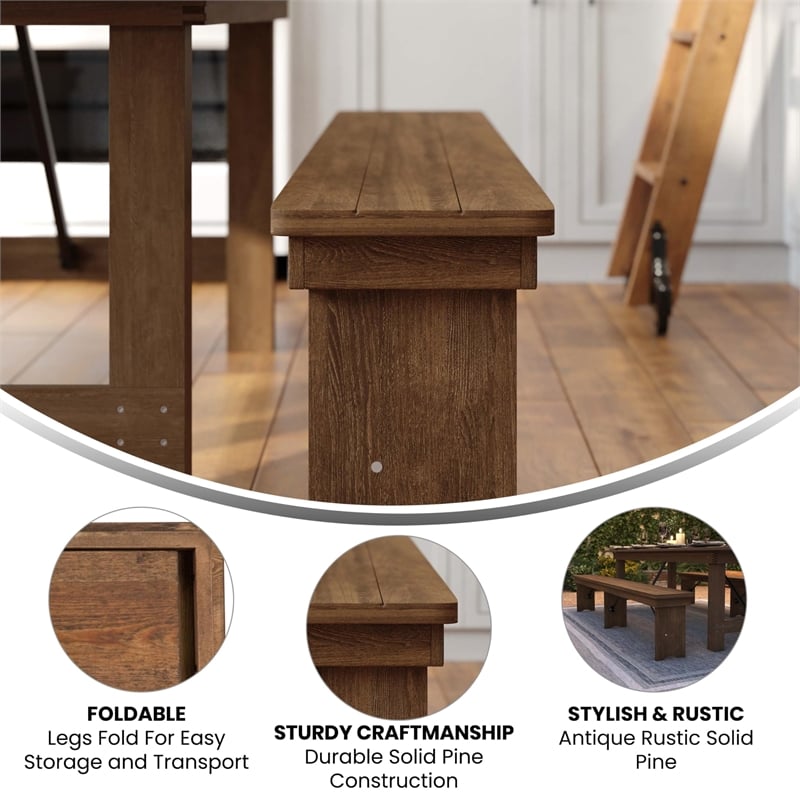 Pemberly Row Folding Wood Dining Bench in Antique Rustic Brown