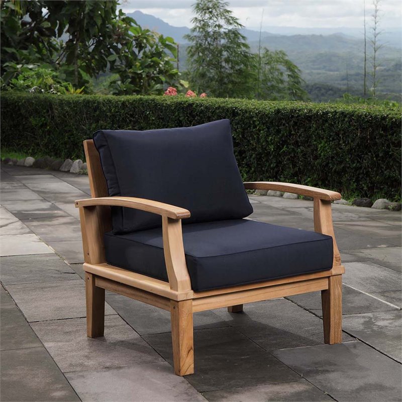Pemberly Row Modern Wood Outdoor Teak Armchair in Natural/Navy
