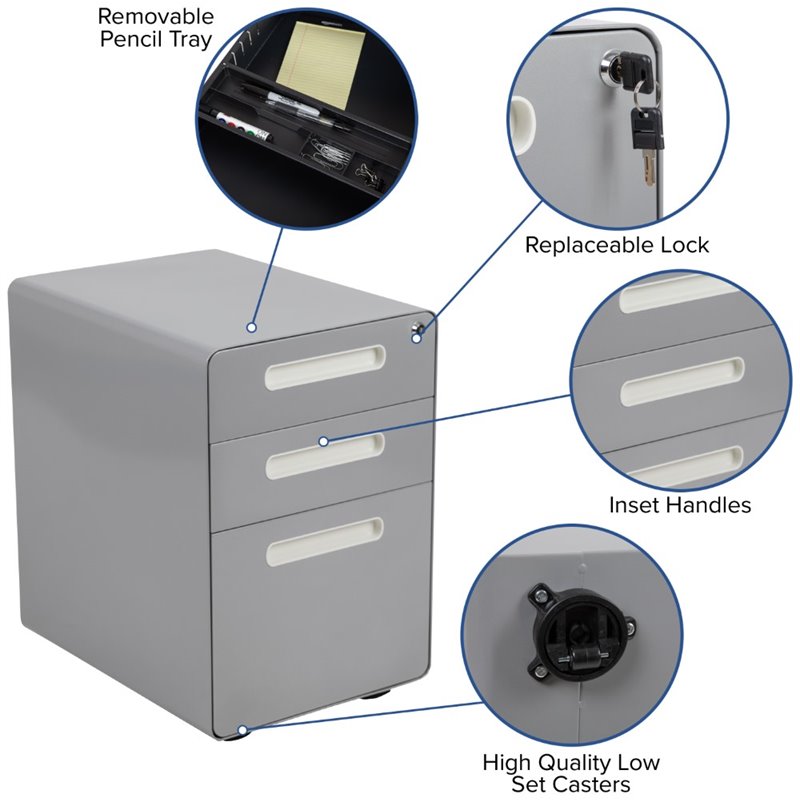 Pemberly Row Contemporary 3 Drawer Mobile File Cabinet in Gray