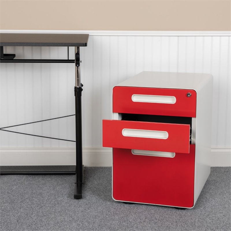 Pemberly Row 3 Drawer Modern Mobile File Cabinet in White and Red