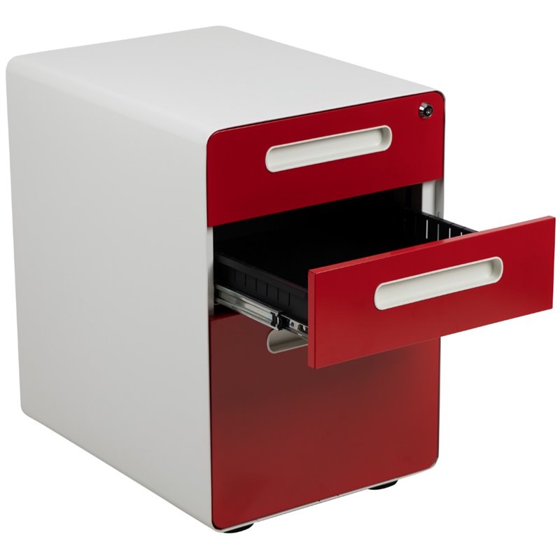 Pemberly Row 3 Drawer Modern Mobile File Cabinet in White and Red