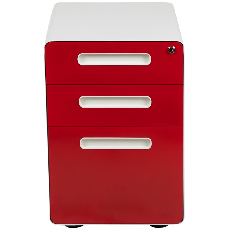 Pemberly Row 3 Drawer Modern Mobile File Cabinet in White and Red