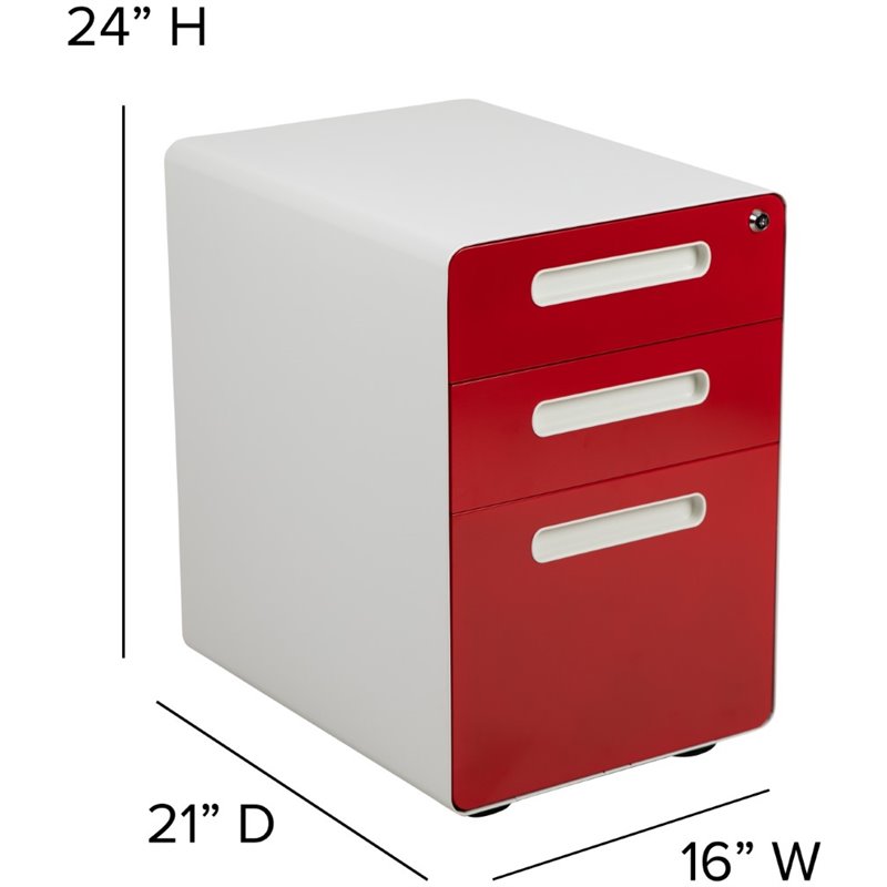 Pemberly Row 3 Drawer Modern Mobile File Cabinet in White and Red