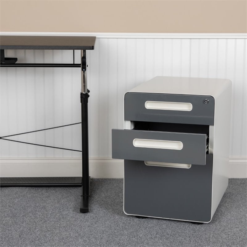 Pemberly Row 3 Drawer Modern Mobile File Cabinet in White and Charcoal