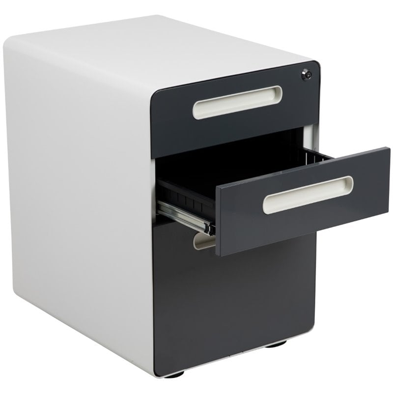 Pemberly Row 3 Drawer Modern Mobile File Cabinet in White and Charcoal
