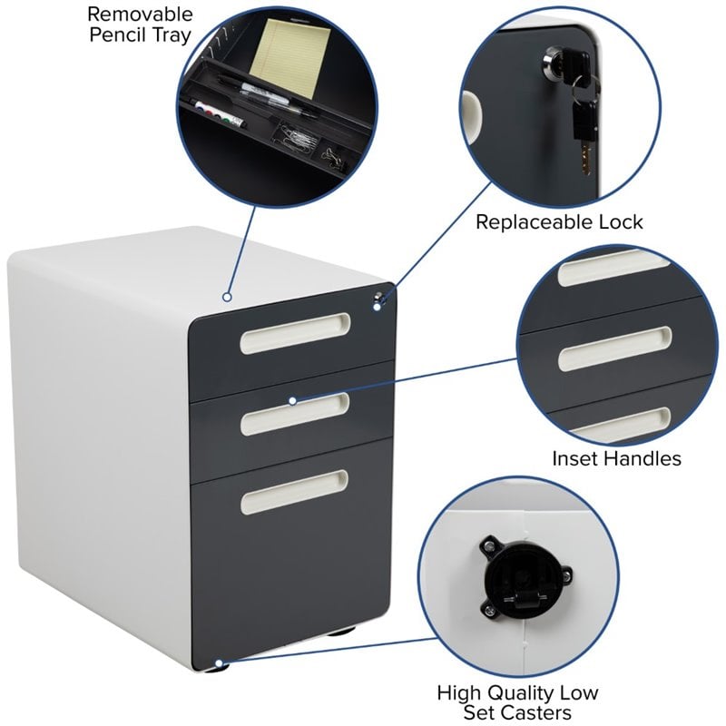 Pemberly Row 3 Drawer Modern Mobile File Cabinet in White and Charcoal