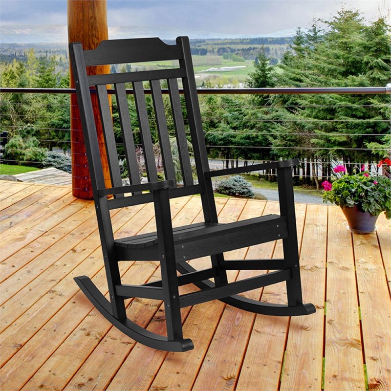 Pemberly Row Contemporary All-Weather Poly Resin Rocking Chair in Black