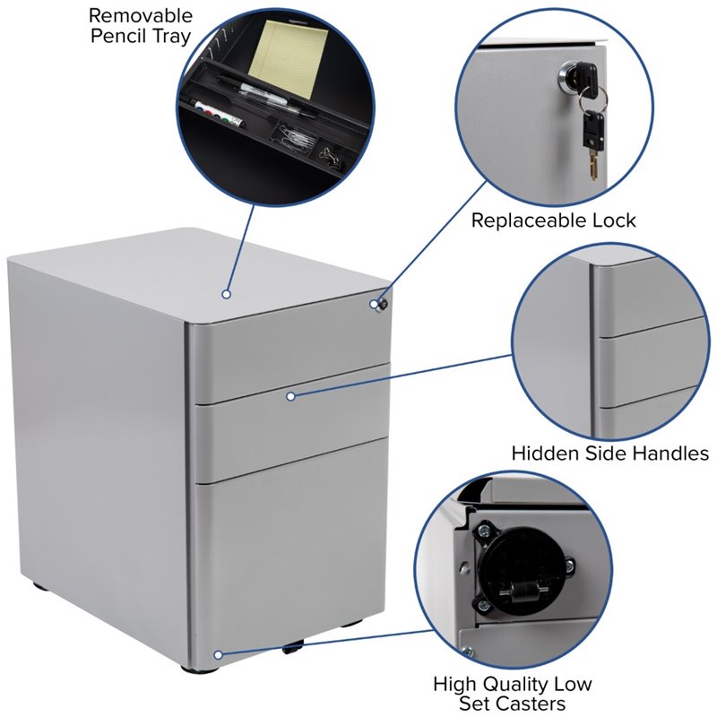 Pemberly Row 3 Drawer Smooth Modern Mobile File Cabinet in Gray