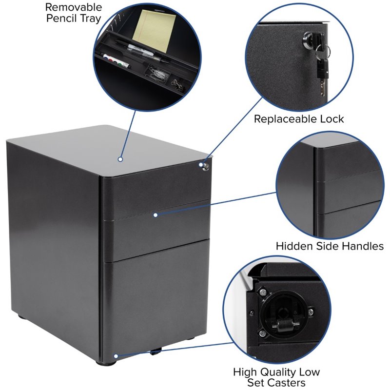 Pemberly Row 3 Drawer Smooth Modern Mobile File Cabinet in Black