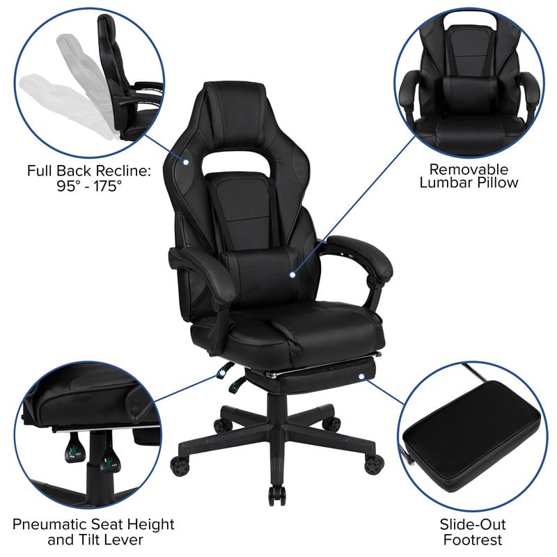 Pemberly Row LeatherSoft Gaming Chair with Recline Back/Arms in Black