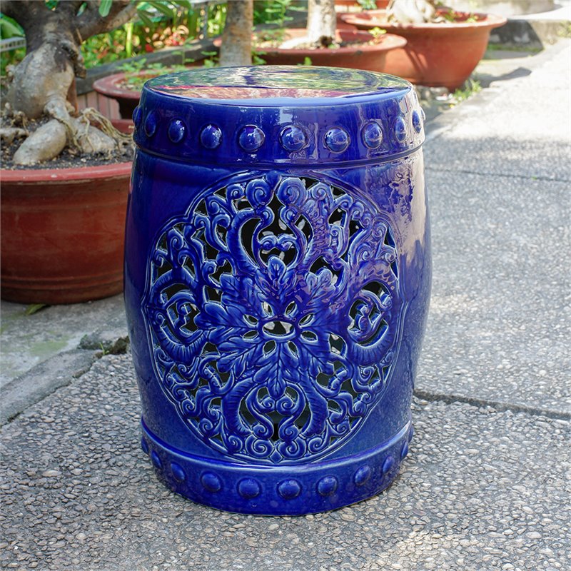 Pemberly Row Contemporary Ceramic Garden Stool in Navy Finish