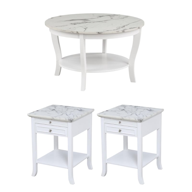 Pemberly Row Set of 3 - 2 End Tables and Coffee Table in White Wood Finish