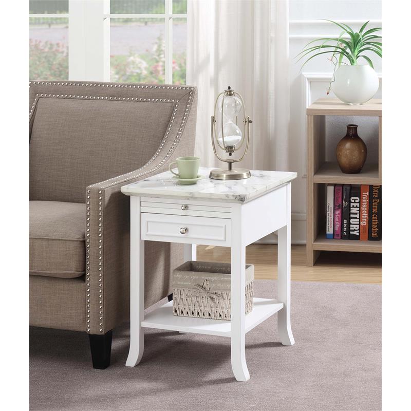 Pemberly Row Traditional End Table in White Wood & Faux Marble Top
