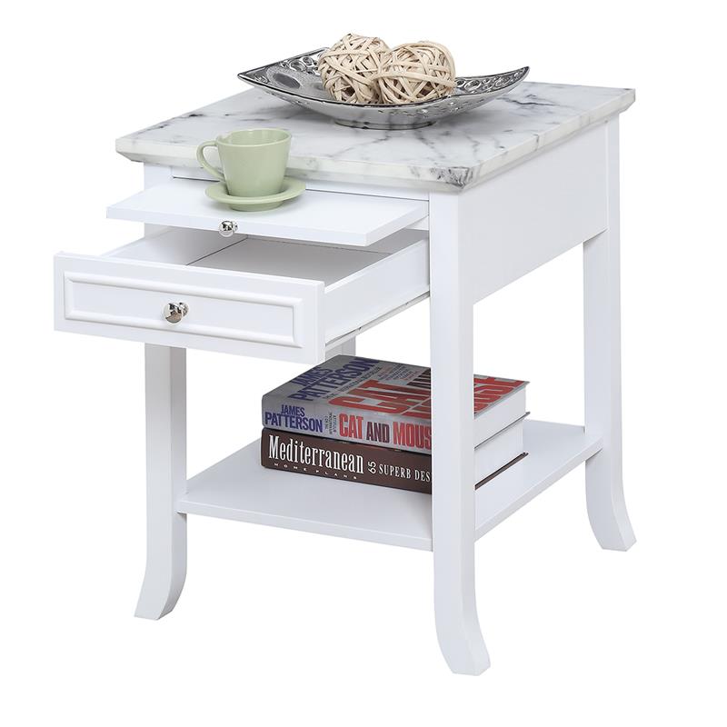 Pemberly Row Traditional End Table in White Wood & Faux Marble Top