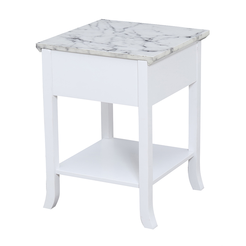 Pemberly Row Traditional End Table in White Wood & Faux Marble Top