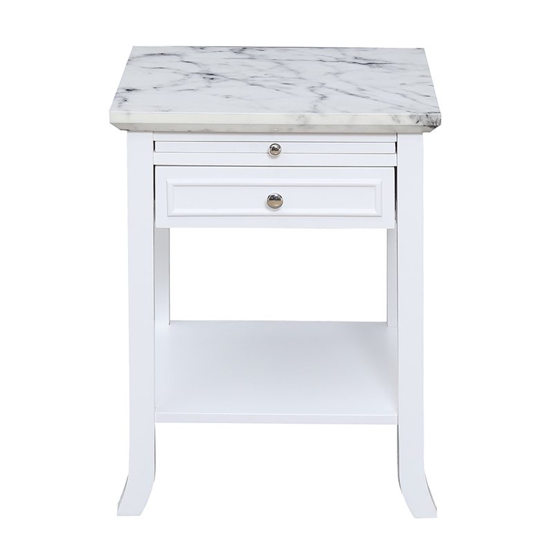 Pemberly Row Traditional End Table in White Wood & Faux Marble Top