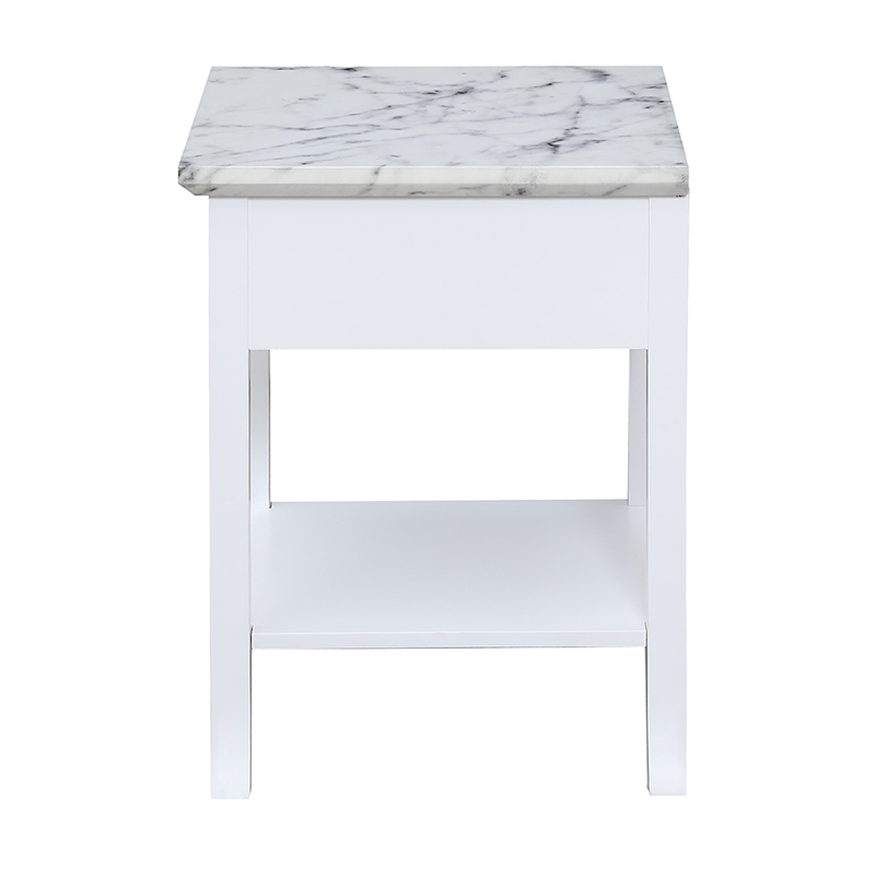 Pemberly Row Traditional End Table in White Wood & Faux Marble Top