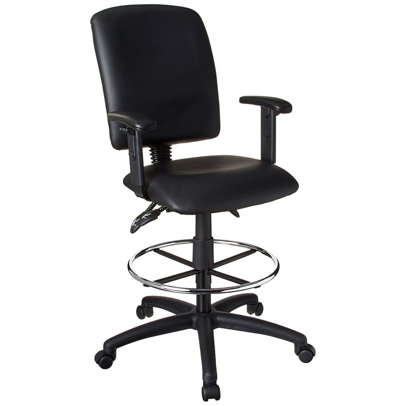Pemberly Row Multi Function Leather Drafting Stool with Adjustable Arms in Black