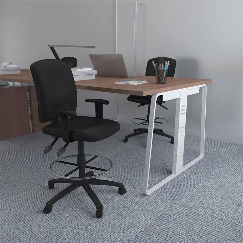 Pemberly Row Multi Function Leather Drafting Stool with Adjustable Arms in Black