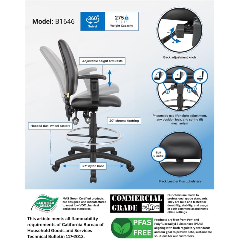 Pemberly Row Multi Function Leather Drafting Stool with Adjustable Arms in Black