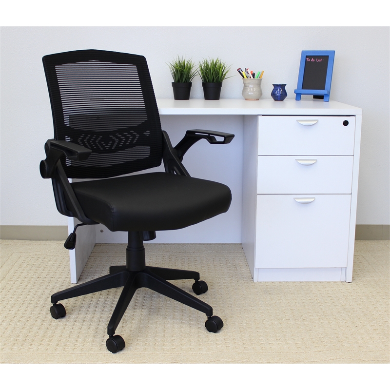 Pemberly Row Modern Mesh Adjustable Computer Desk Chair with Flip Arms in Black