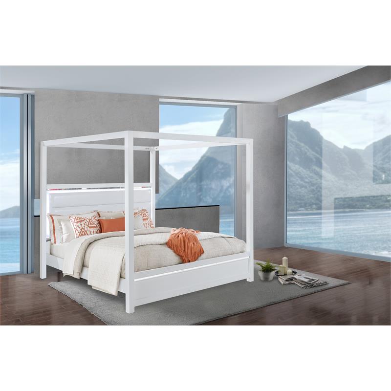 Pemberly Row Solid Wood and Faux Leather Upholstered Queen Bed in White