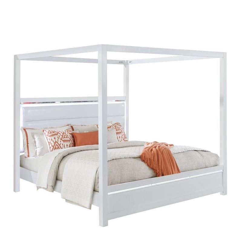 Pemberly Row Solid Wood and Faux Leather Upholstered Queen Bed in White