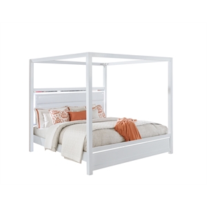 Pemberly Row Queen Canopy Faux Leather with LED Light Bed in White