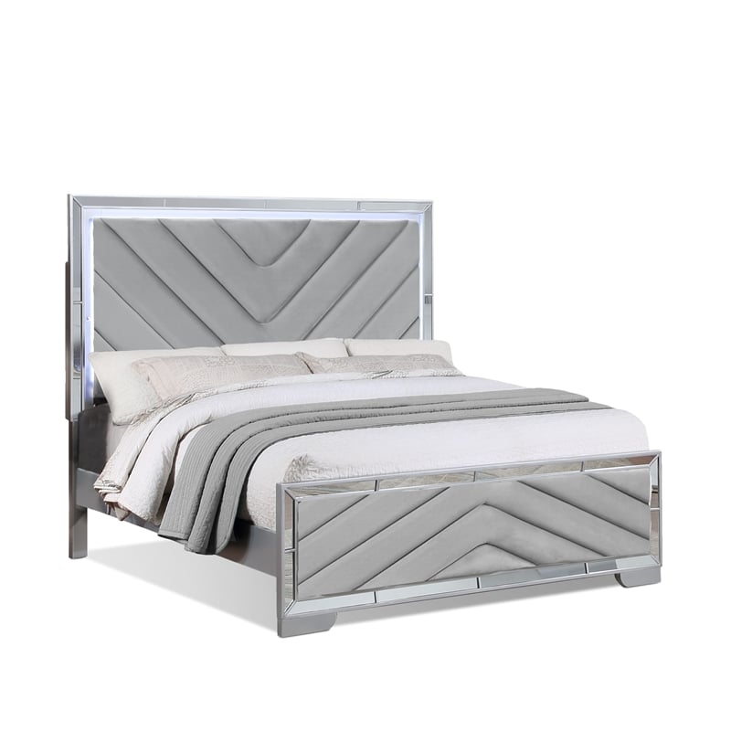 Pemberly Row Mirrored Trim Queen Wood Bed with LED Lights in Silver