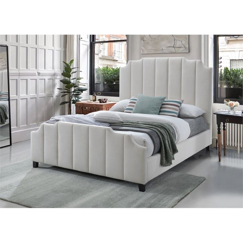 Pemberly Row Contemporary Channeled Woven Chenille Queen Wooden Bed in Beige