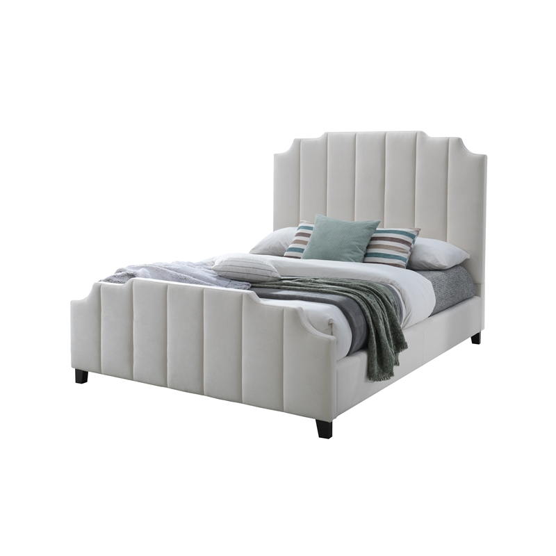 Pemberly Row Contemporary Channeled Woven Chenille Queen Wooden Bed in Beige