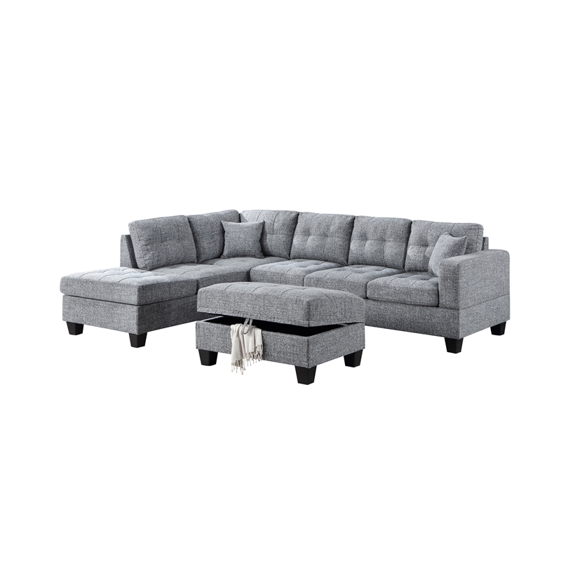 Pemberly Row Reversible Chaise Tweed Sectional with Ottoman in Dark Gray