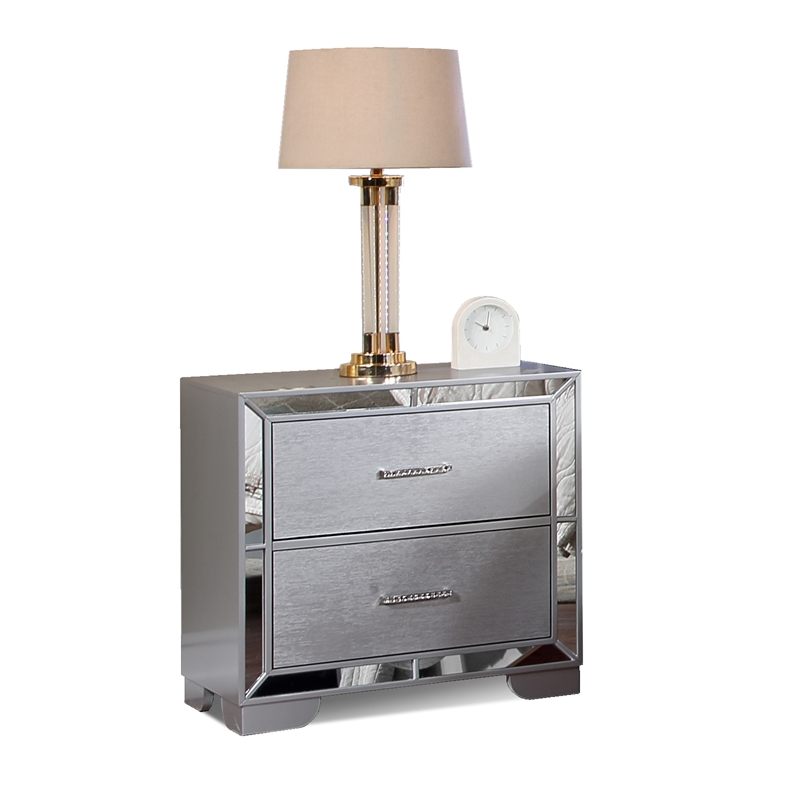 Pemberly Row Solid & Manufactured Wood Mirrored Trim Nightstand in Silver