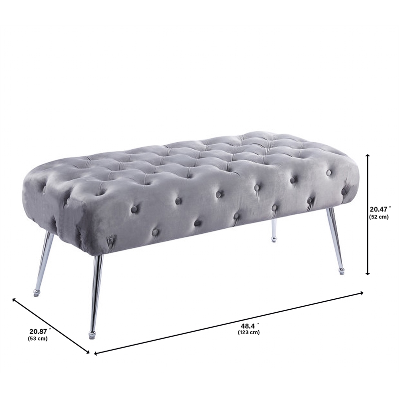 Pemberly Row Velvet Tufted Plywood Frame Bench in Gray with Silver Chrome Legs