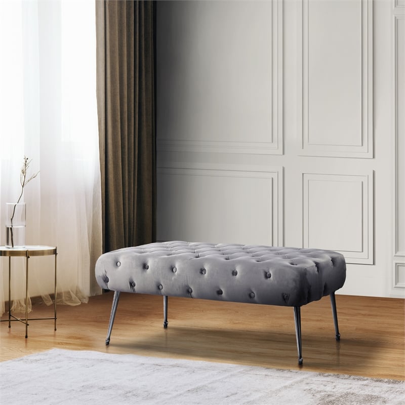 Pemberly Row Velvet Tufted Plywood Frame Bench in Gray with Silver Chrome Legs
