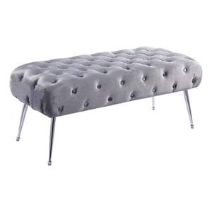 Pemberly Row Velvet Tufted Plywood Frame Bench in Gray with Silver Chrome Legs