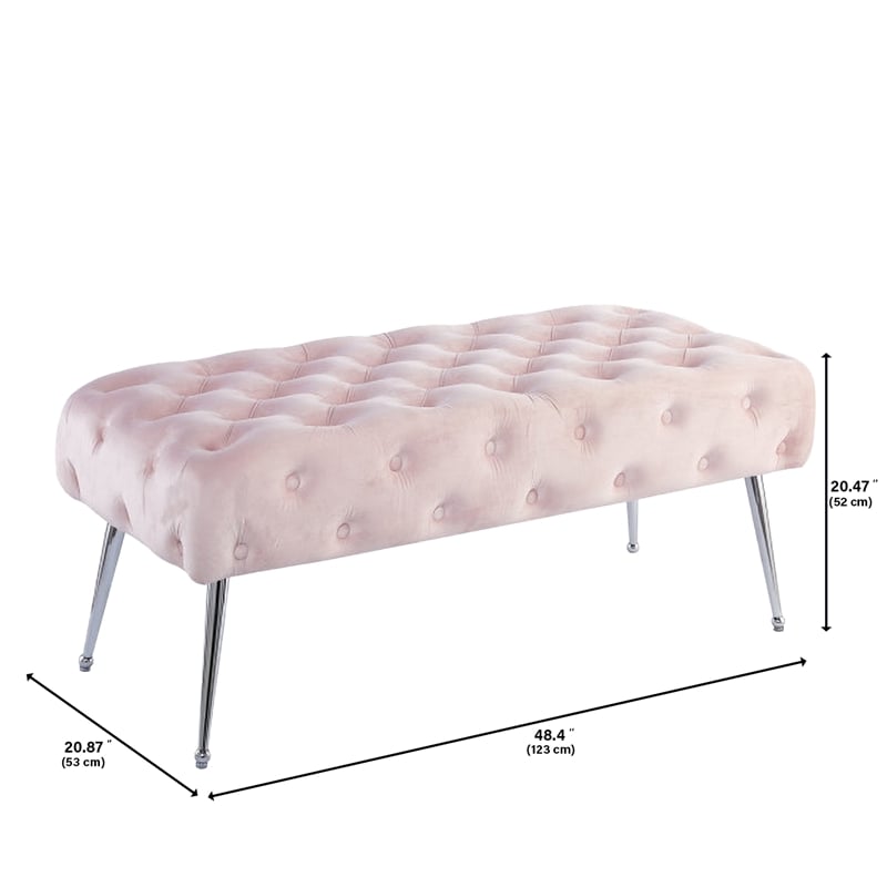 Pemberly Row Velvet Tufted Plywood Frame Bench in Pink with Silver Chrome Legs